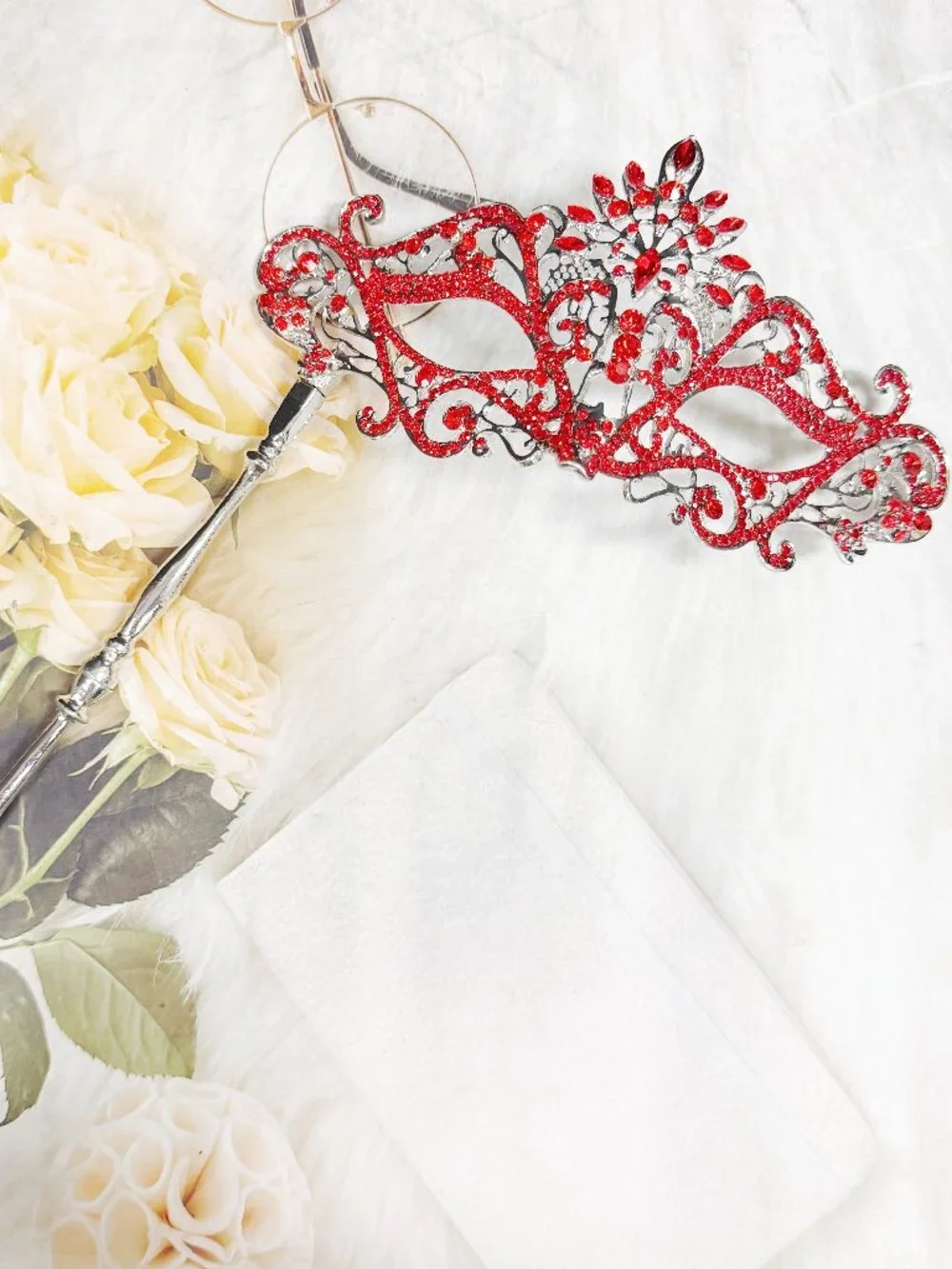 Red crystal mask, silver mask with stick, Theatrical Mask, Wedding Party Mask